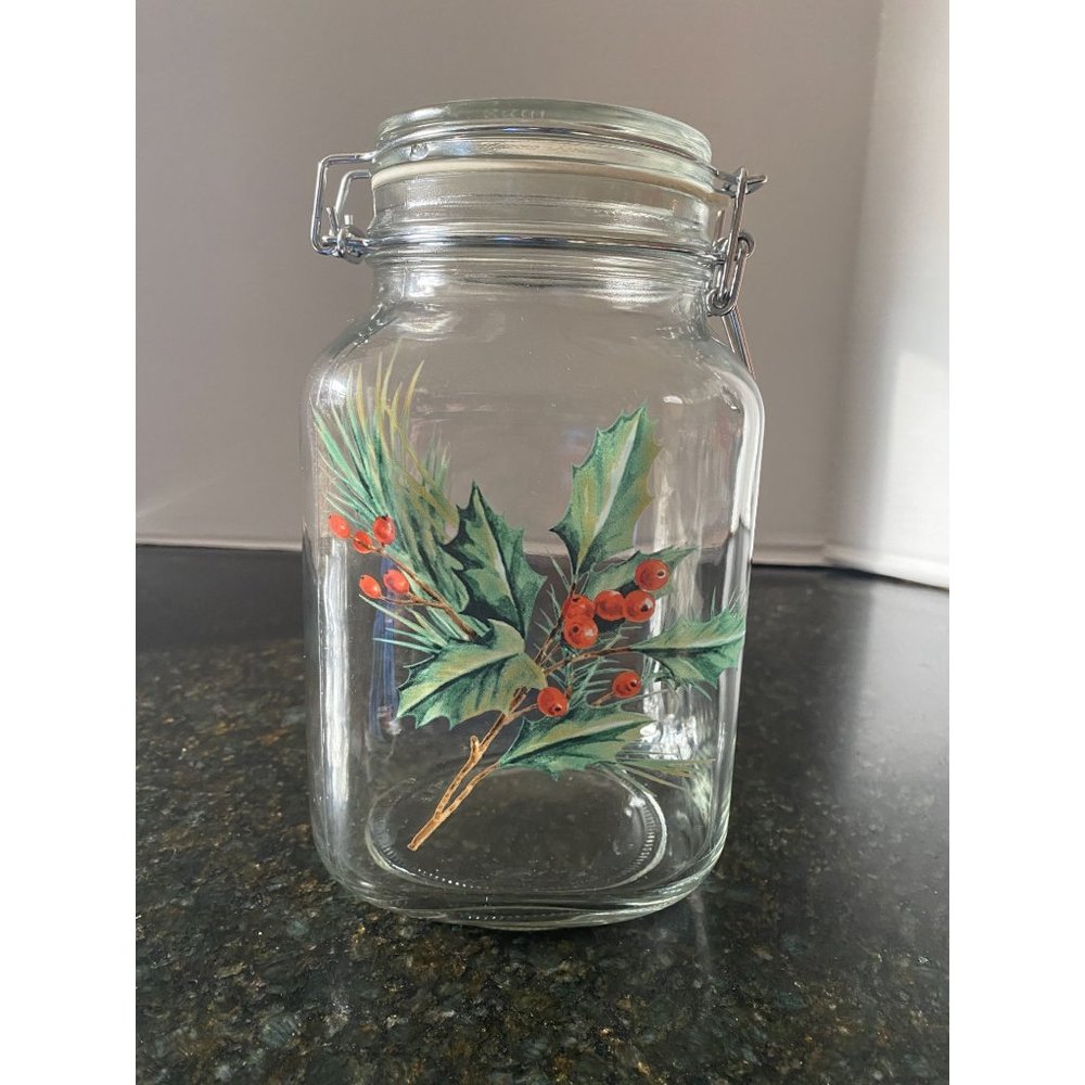 VIntage Hermetically Sealed 2 Liter Storage Glass Container, Christmas Ivy